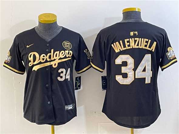Women%27s Los Angeles Dodgers #34 Fernando Valenzuela Black Gold 2024 World Series With Fernando Patch Vapor Limited Stitched Jersey